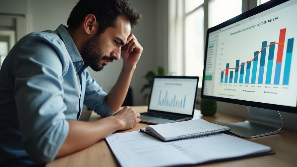 Profissional analisando relatórios do blog com alto tráfego e poucas consultas agendadas no consultório.