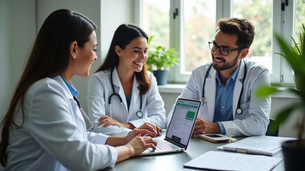 Médico e assistente em consultório brasileiro revisando checklist trimestral do blog em reunião rápida.