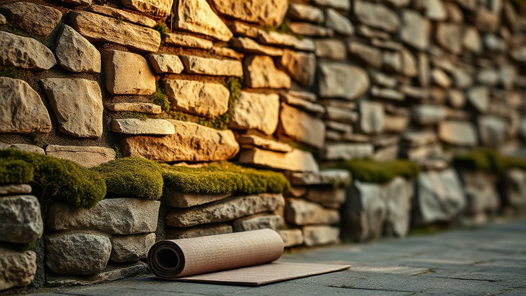 Stone monastery wall with meditation mat at its base suggesting wall-gazing practice
