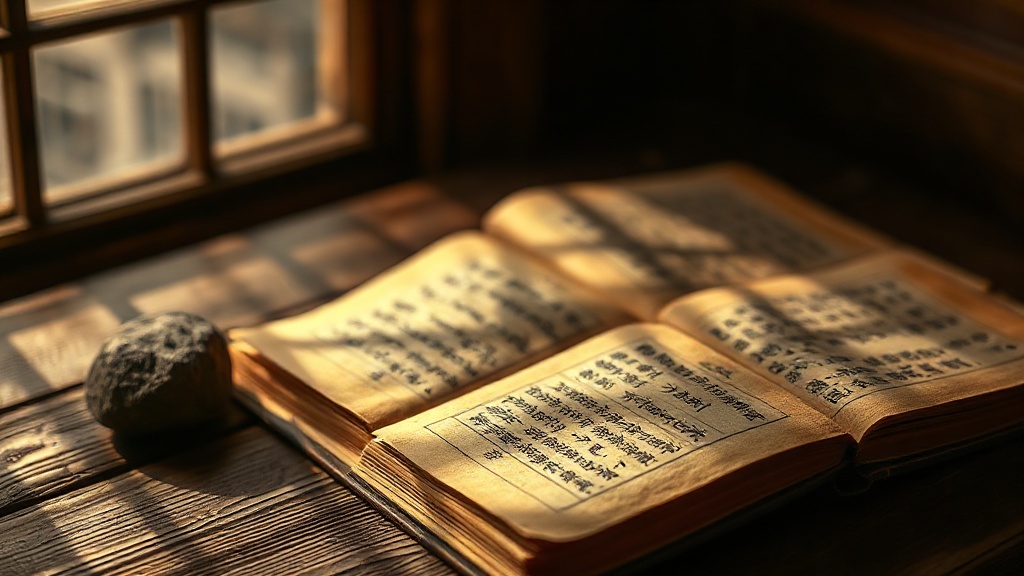 Ancient Buddhist manuscript pages with calligraphy on worn dark wood surface
