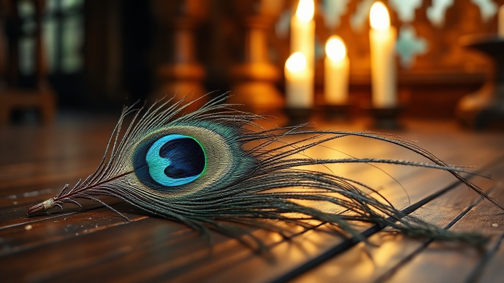 Plume de paon aux reflets bleus et verts, symbole bouddhiste de transmutation des poisons de l'esprit