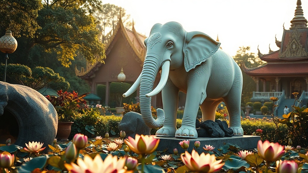 Sculpture d'éléphant blanc dans un temple bouddhiste, symbole de puissance spirituelle et de l'illumination