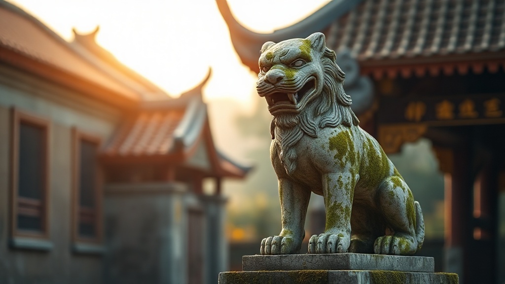 Statue de lion gardien à l'entrée d'un monastère bouddhiste, symbole de protection du Dharma