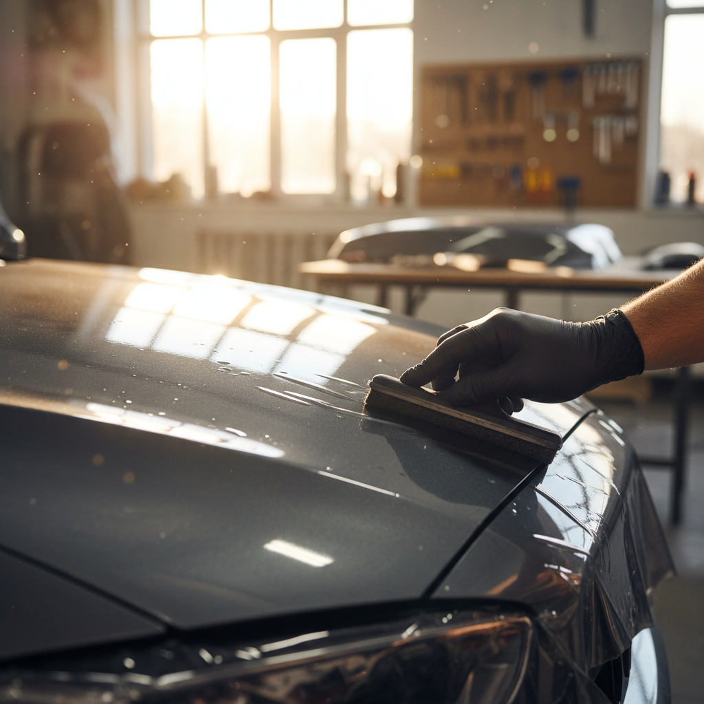 Professional hand applying vinyl wrap to a vehicle hood with squeegee