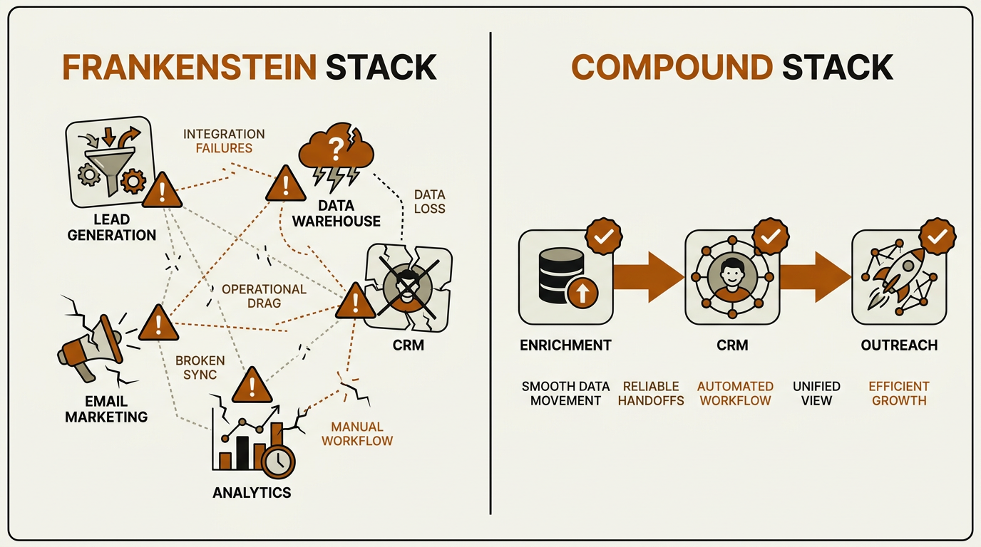 Frankenstein AI sales tool stack versus clean compound AI sales stack comparison