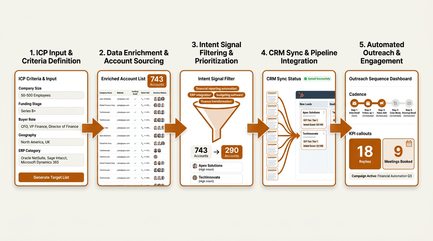 AI sales tools workflow diagram from ICP definition to booked meeting