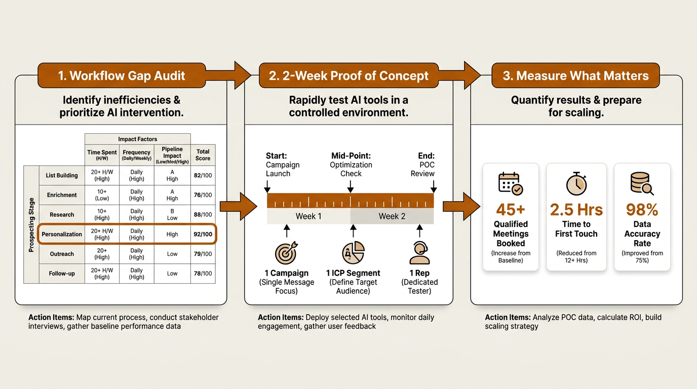 Three-phase AI sales stack implementation playbook diagram with workflow audit, POC timeline, and key metrics