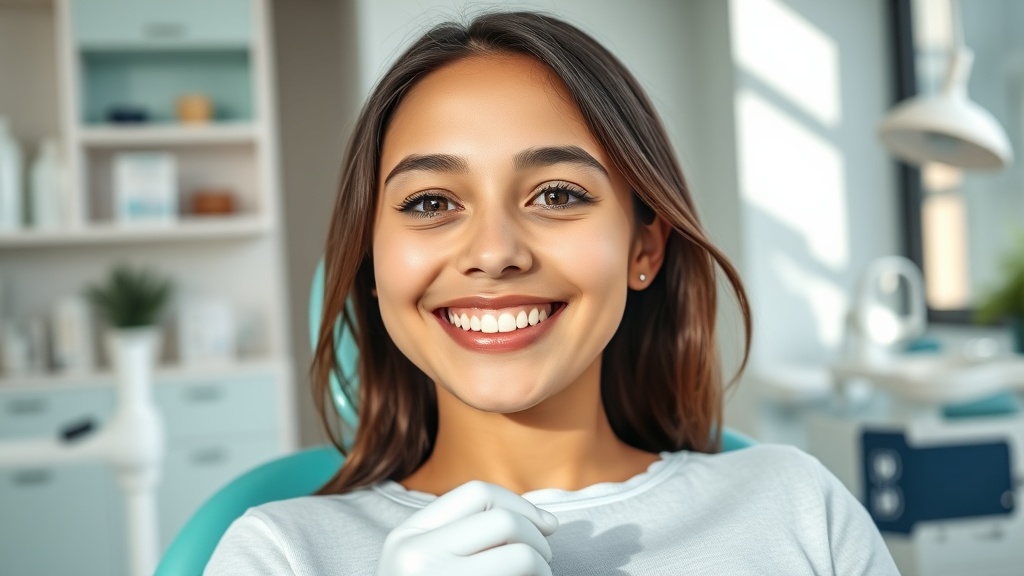 Niño pequeño en consulta dental, sonriendo con confianza en el sillón