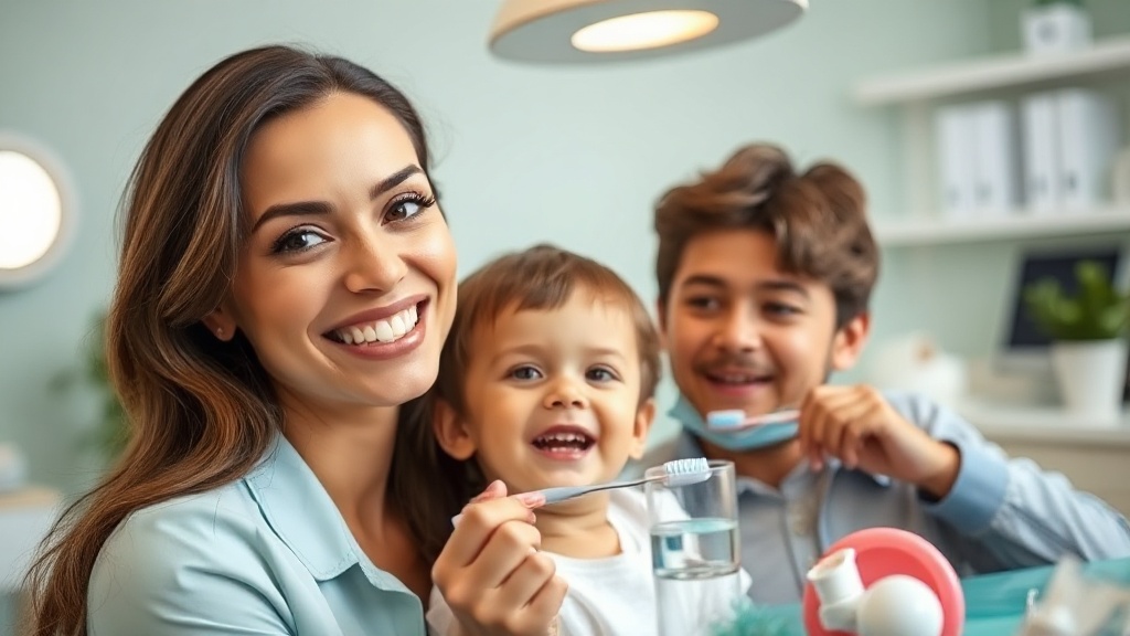 Papá e hijo cepillándose los dientes juntos en el baño, sonriendo