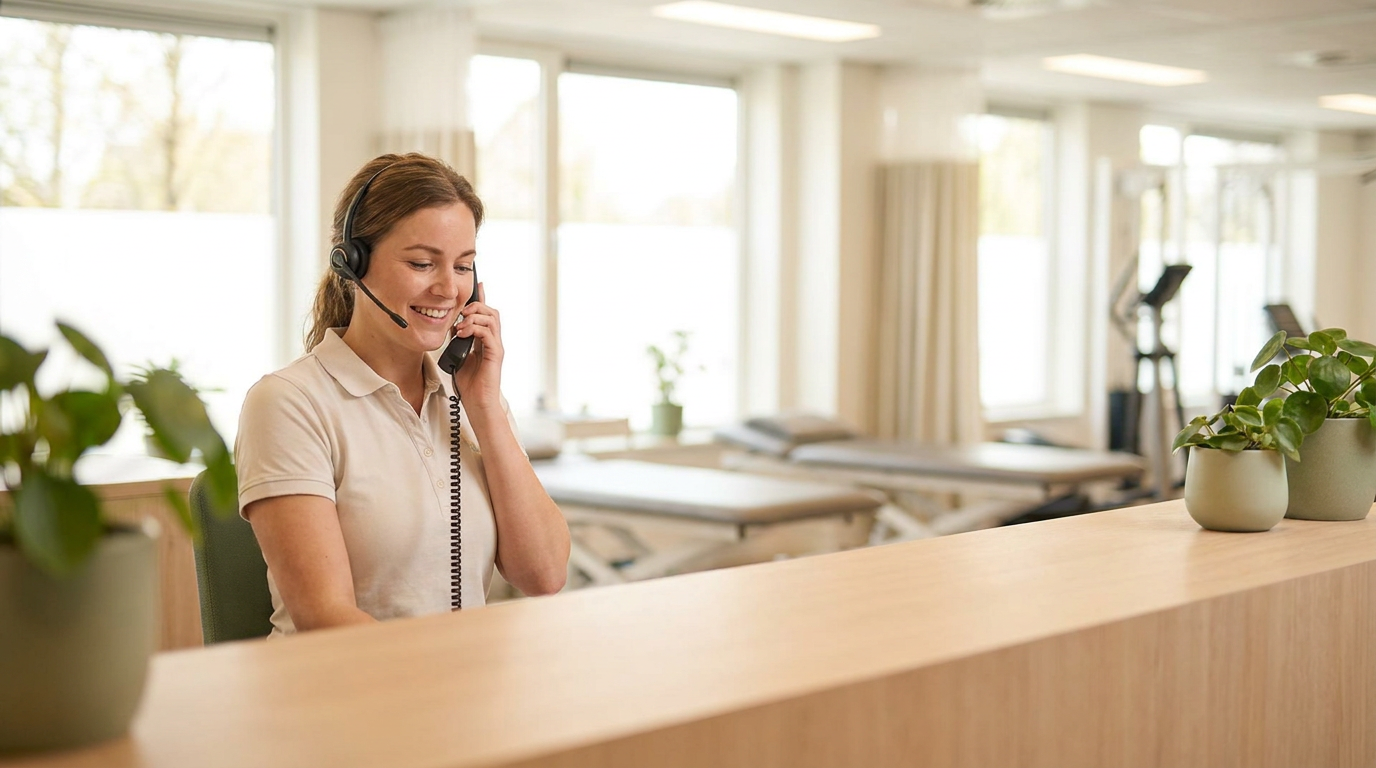 Vriendelijke baliemedewerker met headset beantwoordt de telefoon aan de balie van een moderne fysiotherapiepraktijk