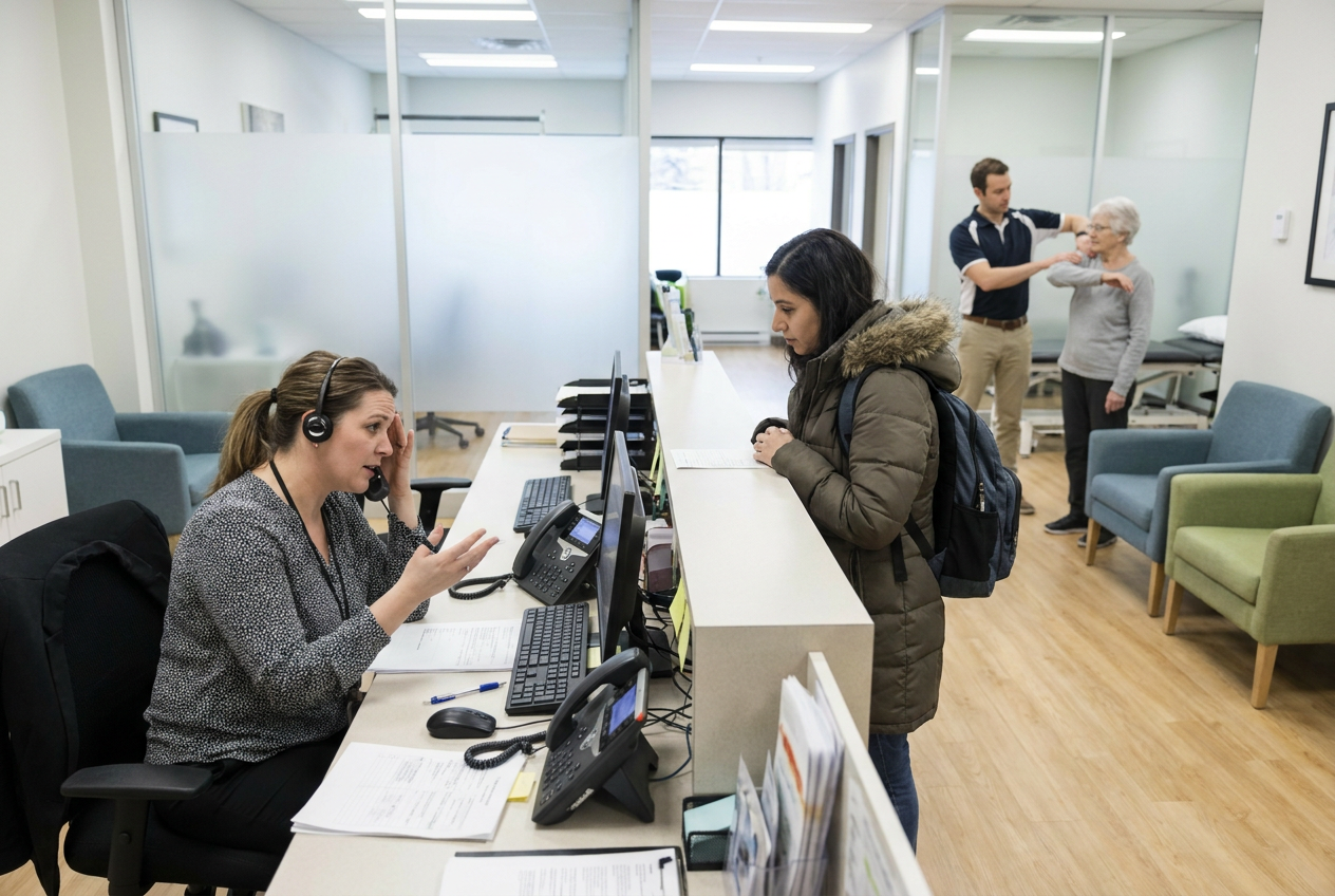 Drukke balie van een fysiotherapiepraktijk met een gestreste medewerker aan de telefoon en een wachtende patiënt