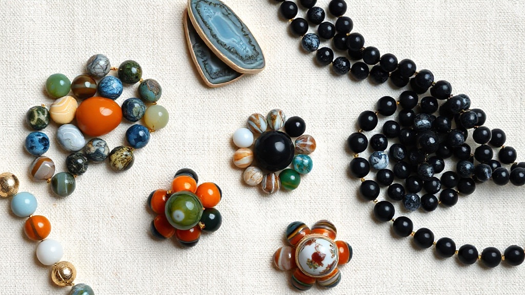 Several polished agate bead varieties including moss agate, blue lace agate and black onyx arranged on linen