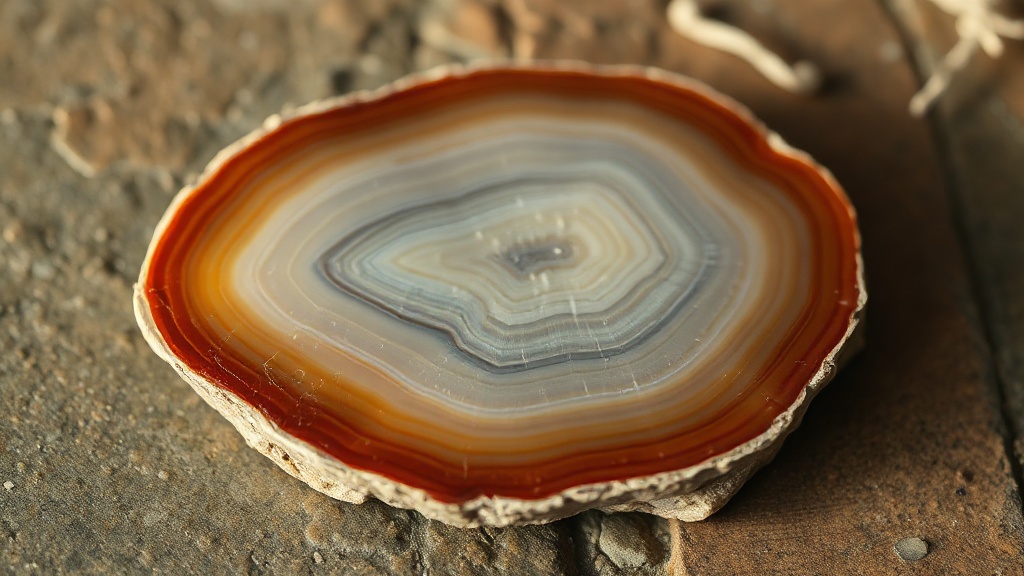 Cross-section of a raw agate stone showing concentric mineral banding in rust, cream and grey
