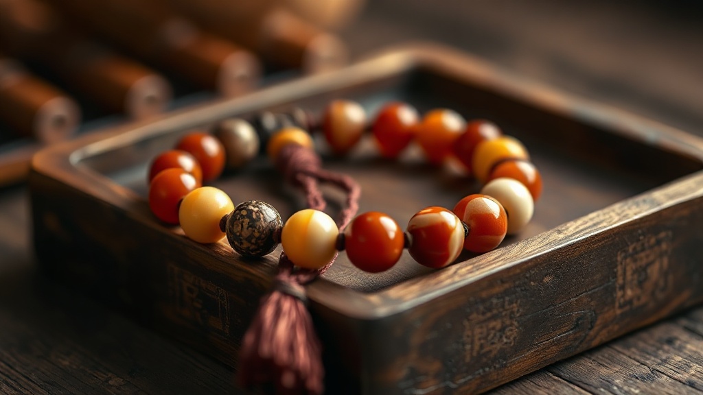 Handmade mala bracelet strung with polished banded agate beads in terracotta and ivory tones