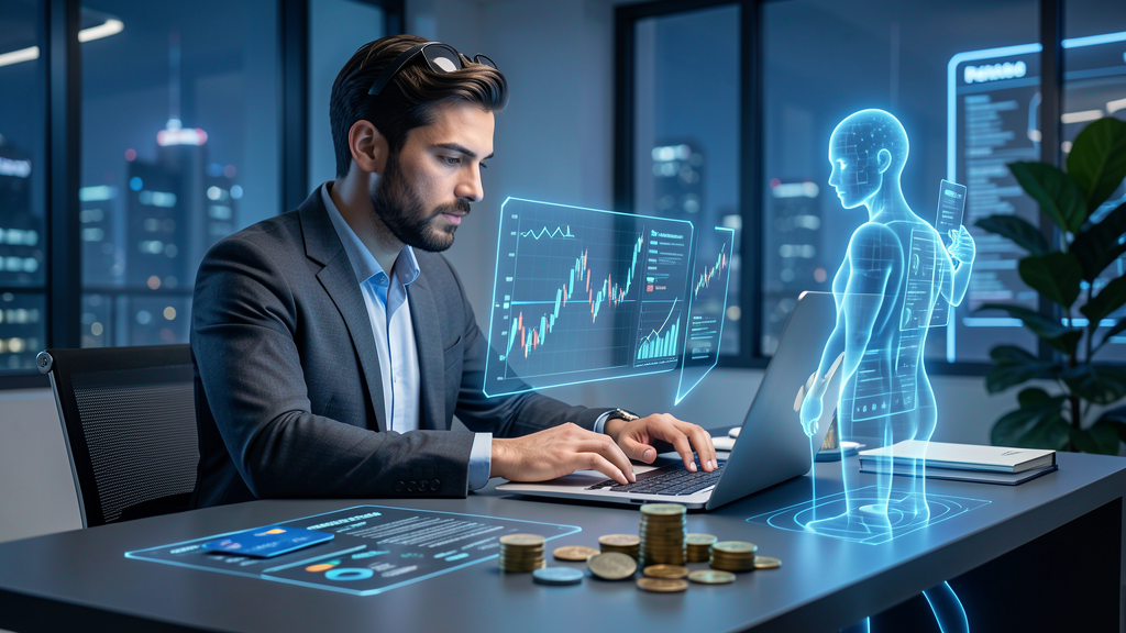 Profissional usando inteligência artificial para organizar produtividade, finanças pessoais e decisões de dinheiro