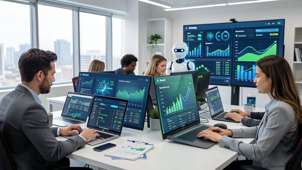 Equipe usando ferramentas de IA para automação, produtividade e análise financeira em negócios