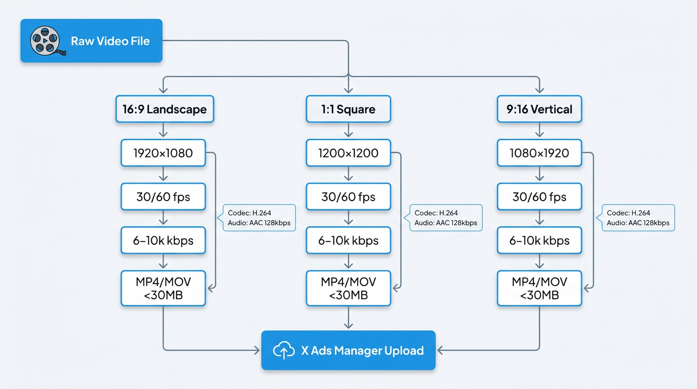 X video ad export workflow diagram for 16:9, 1:1, and 9:16 aspect ratios