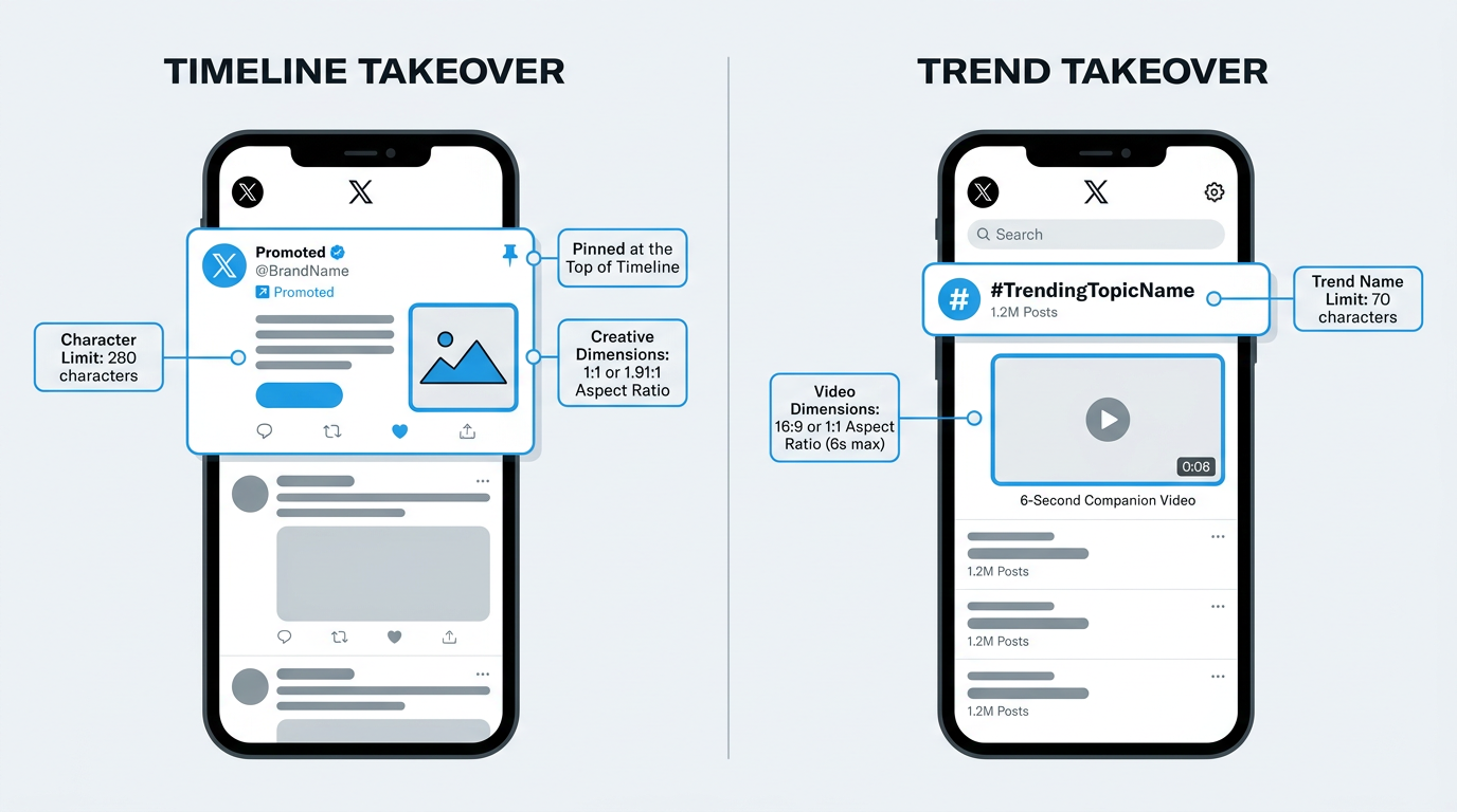 X Takeover ad formats comparison showing Timeline Takeover and Trend Takeover specs