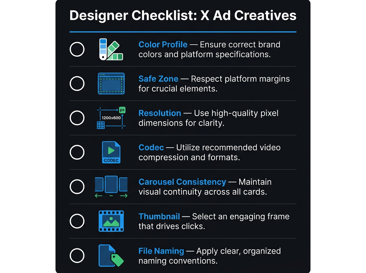 Designer checklist infographic for X ad creative production specs
