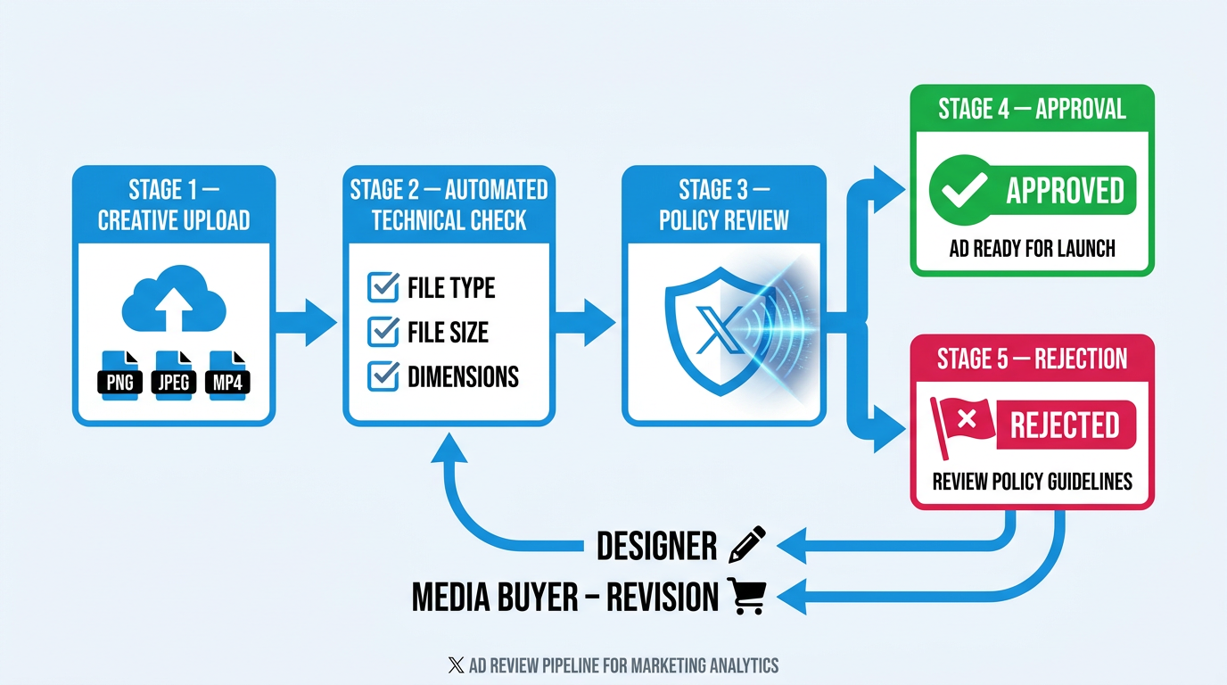 X ad review pipeline sequence diagram showing upload to approval or rejection