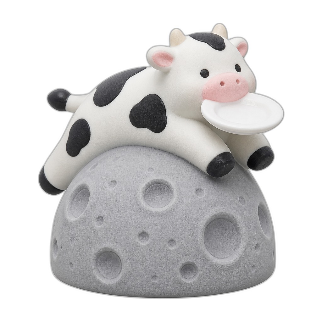 Mooooon — Mooooon is a spotted cow leaping over a cratered gray moon, carrying a tiny white plate—soft, squishy, and huggable.
