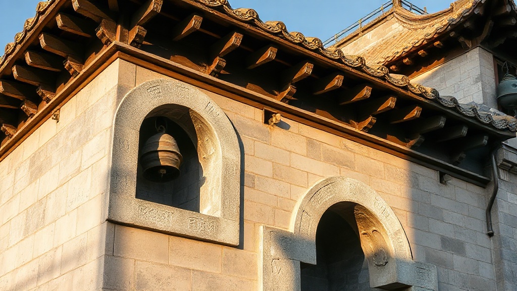 Détail architectural d'une pagode chinoise en brique grise : niches sculptées et cloches métalliques suspendues aux corniches
