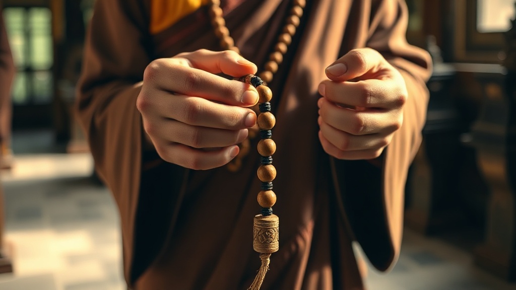 Mains tenant un mala bouddhiste de 108 perles en bois dans un temple