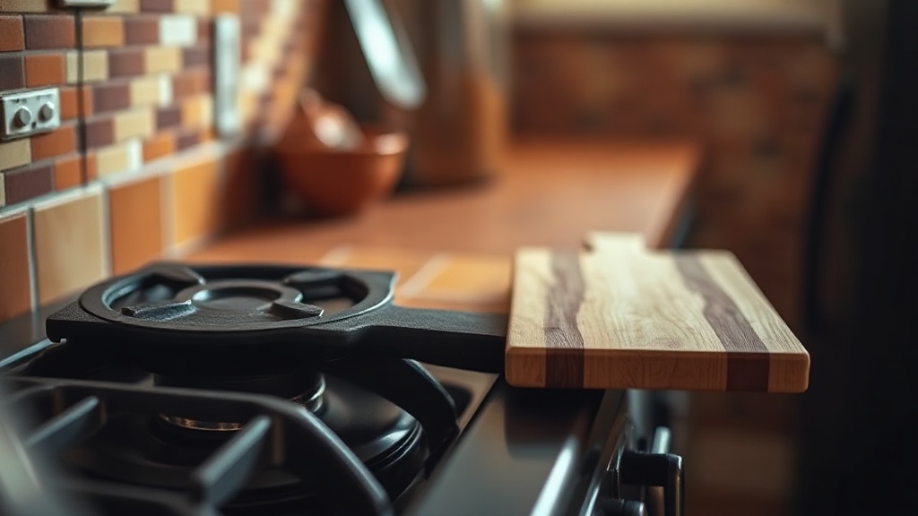 Close-up of a kitchen stove burner with wooden board beside it, warm terracotta tiles in background