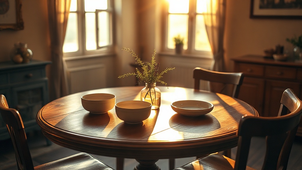 Round wooden dining table with ceramic bowls and small plant centerpiece, warm golden light