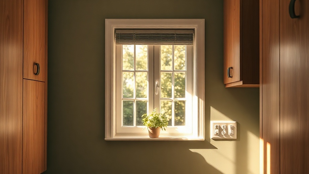Kitchen nook with sage green walls, natural wood cabinets and fresh basil plant on windowsill