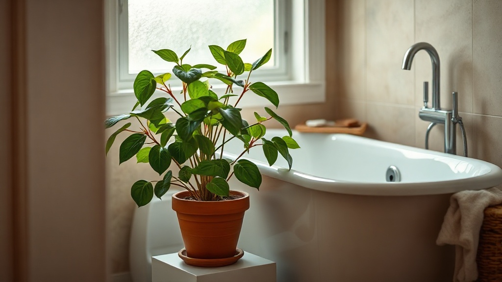 Green pothos plant in terracotta pot placed in a bathroom corner for natural energy and feng shui balance
