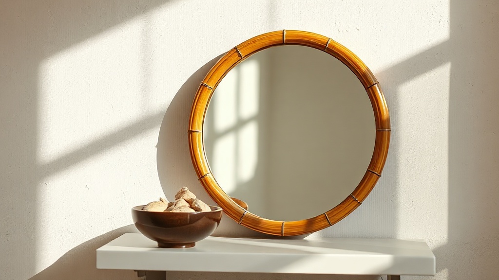 Bamboo-framed round mirror and smooth river stones on a feng shui bathroom shelf