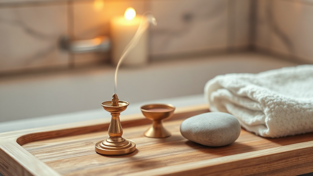 Brass incense holder and smooth stone on a wooden tray in a calm bathroom setting