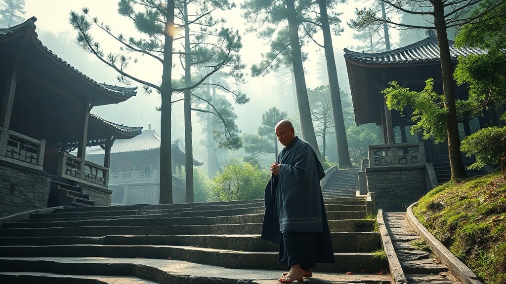 Moine bouddhiste sur le chemin d'un temple de montagne dans le Shaanxi, Chine