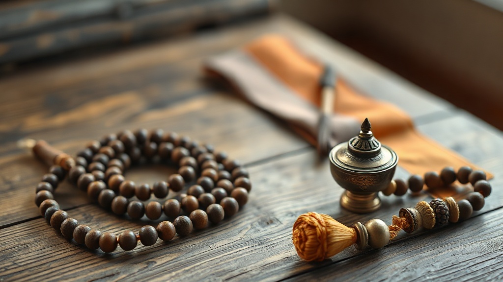 Mala en bois de santal et brûle-encens en bronze, objets rituels du bouddhisme Mahâyâna