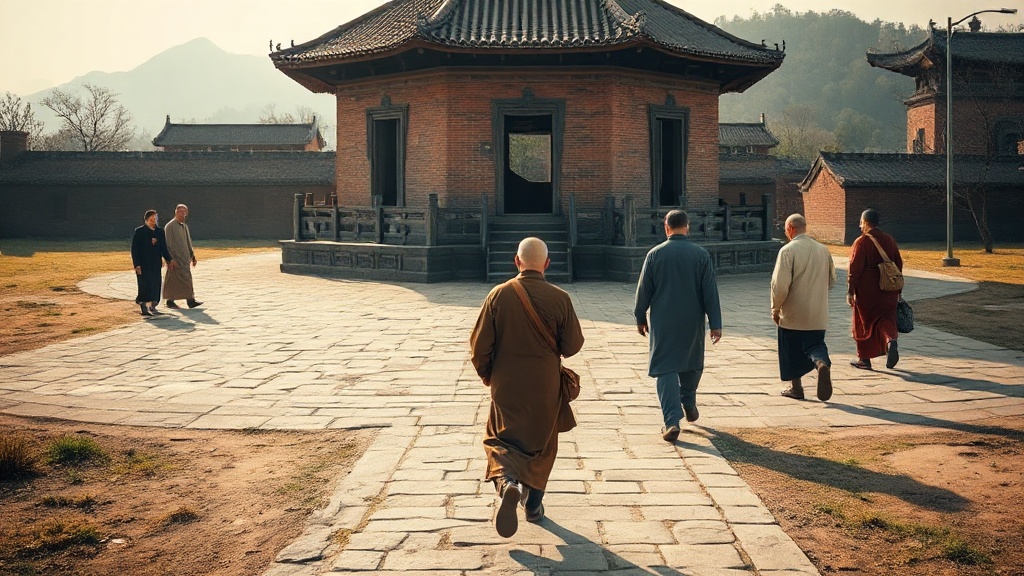 Pèlerins effectuant la circumambulation autour d'une pagode bouddhiste du Ningxia, rite du pradakshina