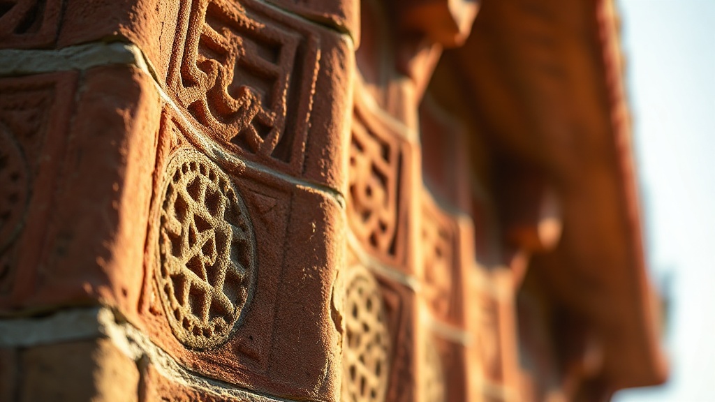 Détail de briques moulées sur une pagode Xia du Ningxia, motifs floraux et géométriques en relief