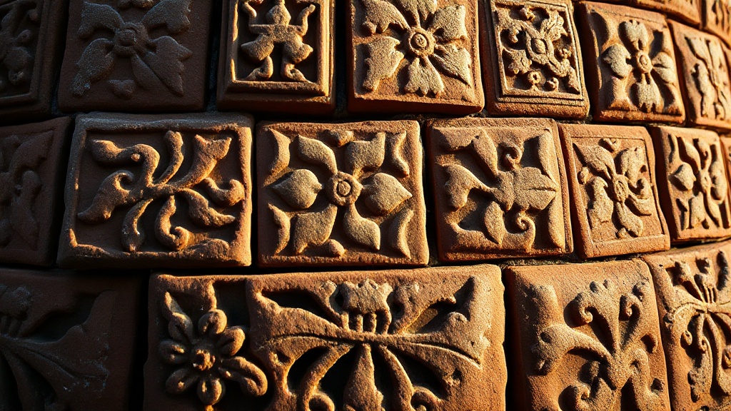 Détail de briques moulées sur une pagode Xia du Ningxia, motifs floraux et géométriques en relief