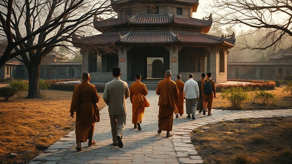 Pèlerins effectuant la circumambulation autour d'une pagode bouddhiste du Ningxia, rite du pradakshina