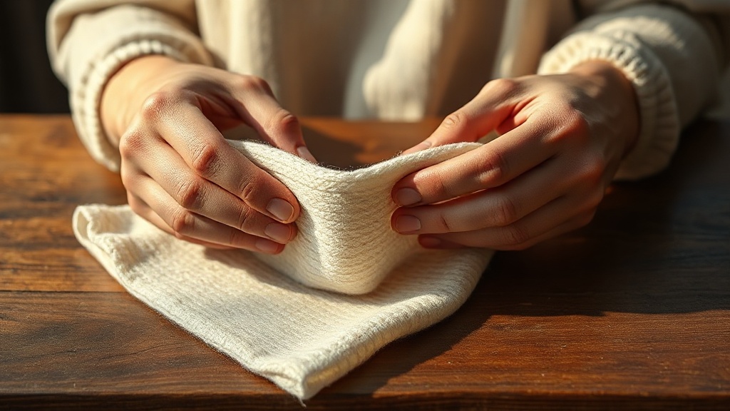 Hands stretching fine cashmere knit fabric to reveal yarn structure and ply construction in warm side light