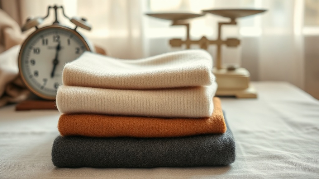 Folded cashmere knit swatches in cream camel and charcoal showing different fabric weights and textures