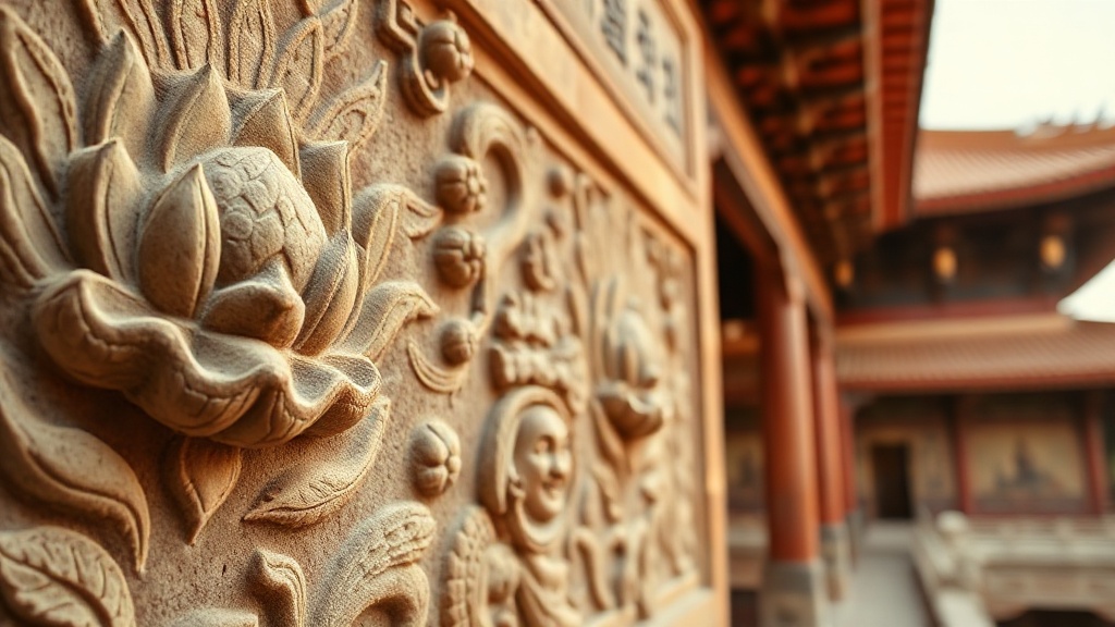 Reliefs sculptés sur les parois de la Pagode carrée de Baisikou, motifs de lotus et iconographie bouddhiste