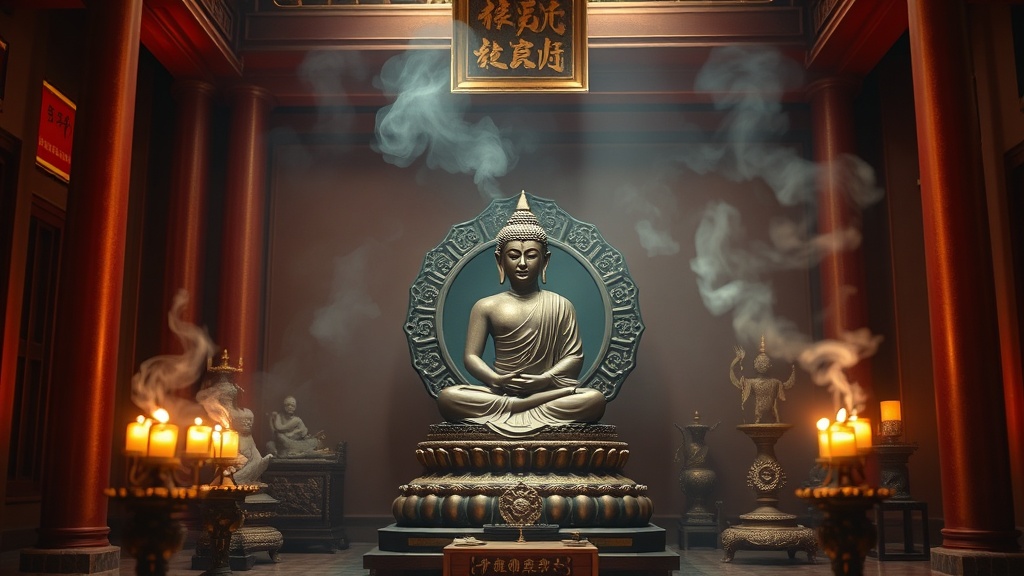Sanctuaire intérieur d'une pagode bouddhiste chinoise avec statue dorée du Bouddha sur trône de lotus