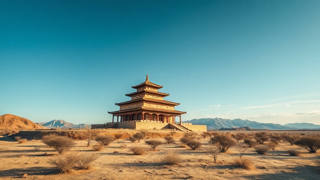 Vue d'ensemble de la Pagode carrée de Baisikou dans le paysage de loess du Ningxia, Chine