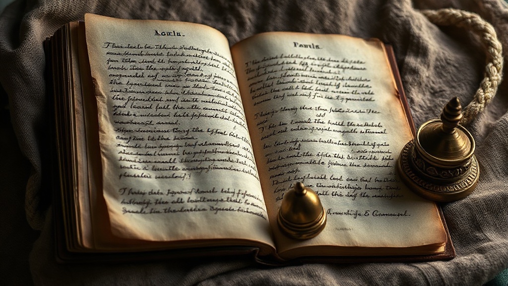 Ancient Tibetan manuscript with handwritten script beside a ritual bell and vajra dorje
