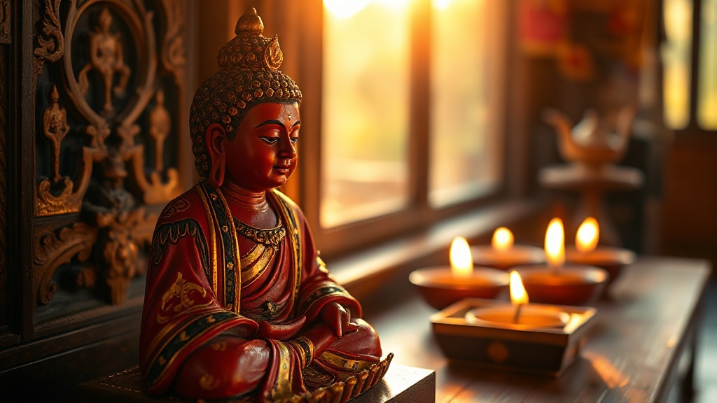 Hand-painted Himalayan statue on a wooden altar with butter lamps glowing softly in the background