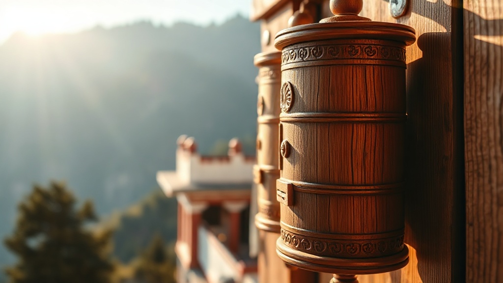 A wooden prayer wheel on a monastery wall with a blurred Himalayan mountain landscape behind it
