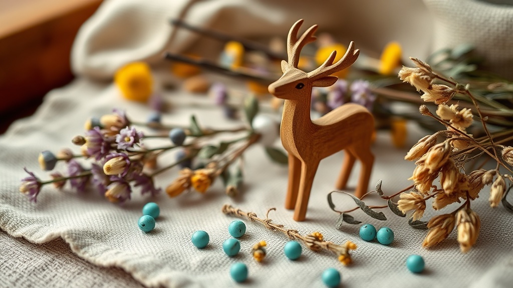 Figurine en bois sculptée d'un cerf entourée de sauge séchée et de perles turquoise