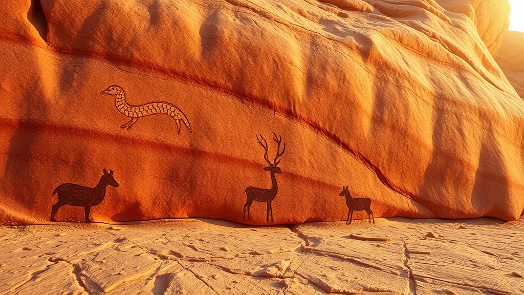 Pétroglyphes amérindiens représentant des animaux totems gravés dans la roche