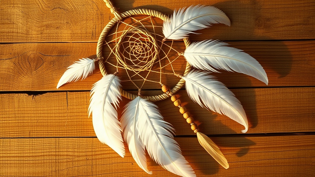 Attrape-rêve traditionnel amérindien avec plumes de chouette blanche sur bois naturel